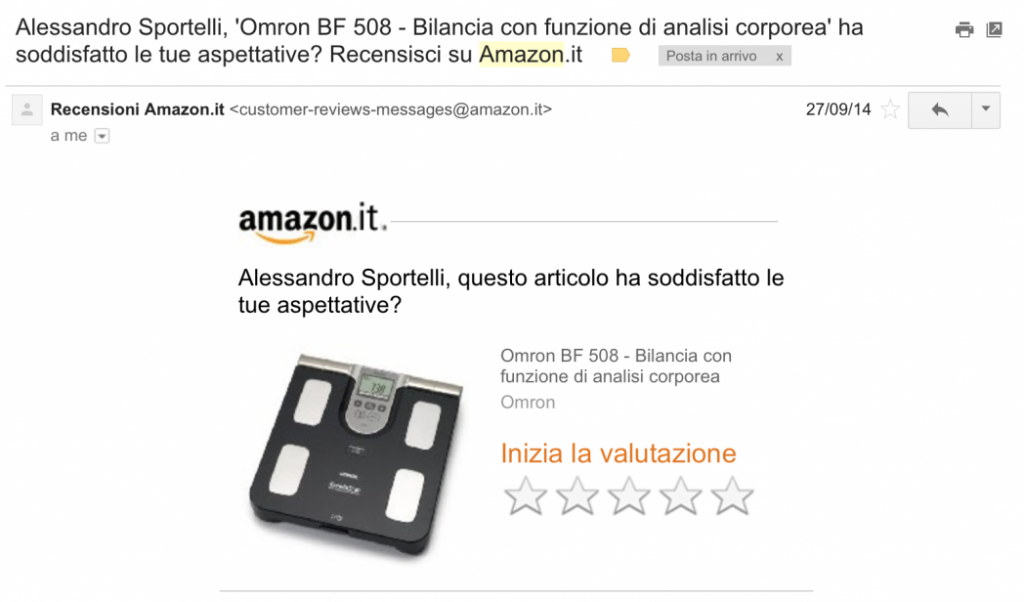 richiesta recensione amazon bilancia