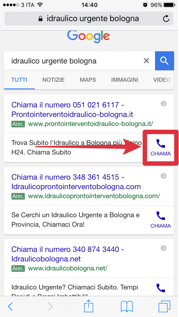 Ricerca su Google (mobile) delle parole "idraulico urgente Bologna"